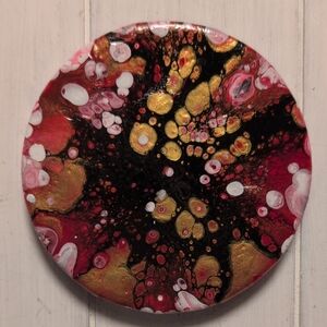 Abstract Art 4" Round Stretched Canvas with Gold and Red Accents